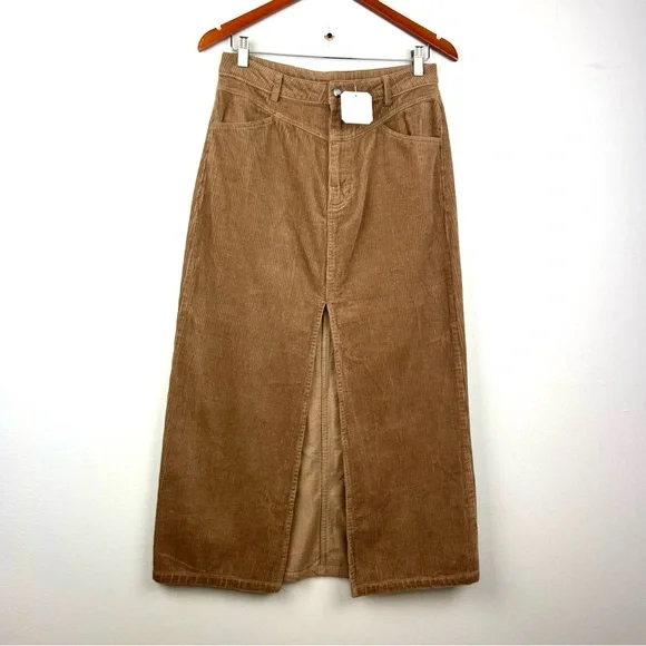 NWT Altar’d State Gabrielle corduroy midi slit skirt size L in taupe 100% cotton - Picture 6 of 13